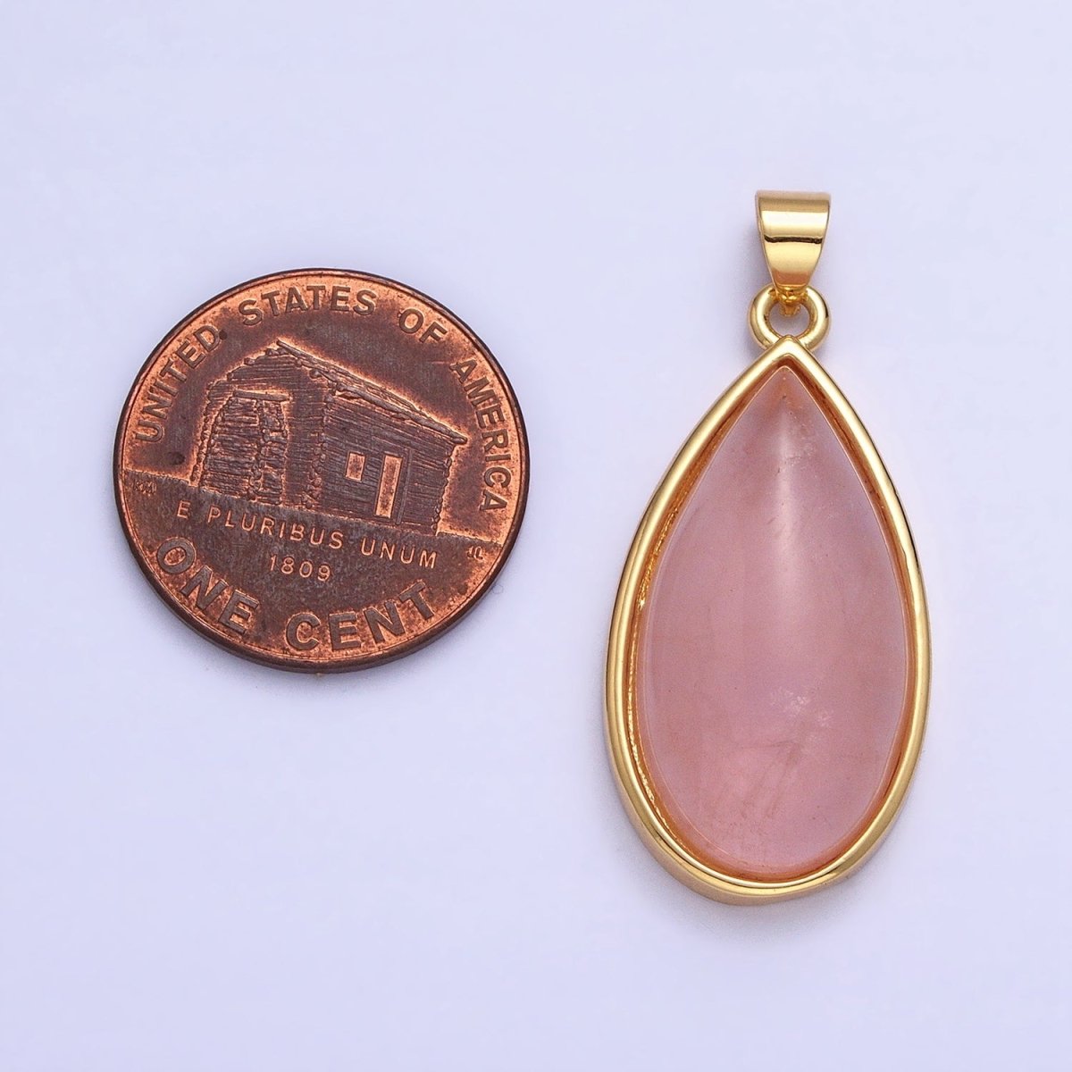 24K Gold Filled 33.3mm Rose Quartz Natural Gemstone Teardrop Bezel Pendant | AA342
