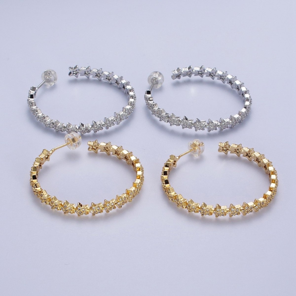 24K Gold Filled 35mm Micro Paved CZ Celestial Star Lined C Shaped Hoops Stud Earrings in Gold & Silver |  AE1089 AE1090