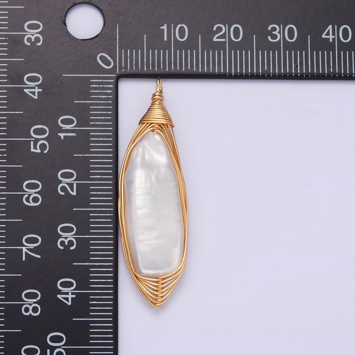 24K Gold Filled 44.5mm Flat Baroque Freshwater Pearl Multiple Wire Charm | N1043