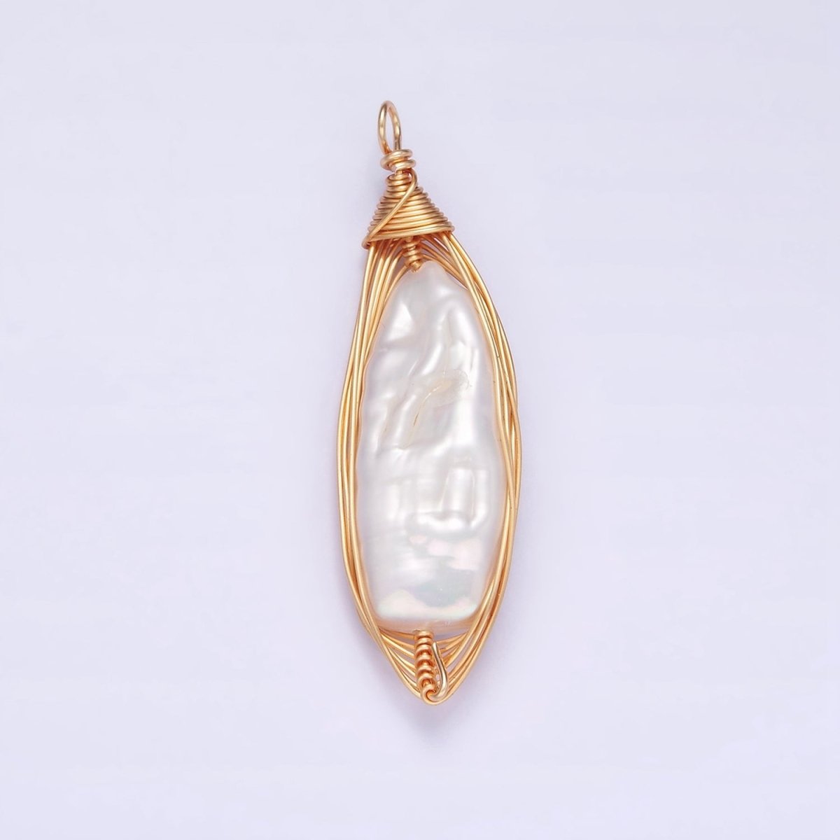24K Gold Filled 44.5mm Flat Baroque Freshwater Pearl Multiple Wire Charm | N1043