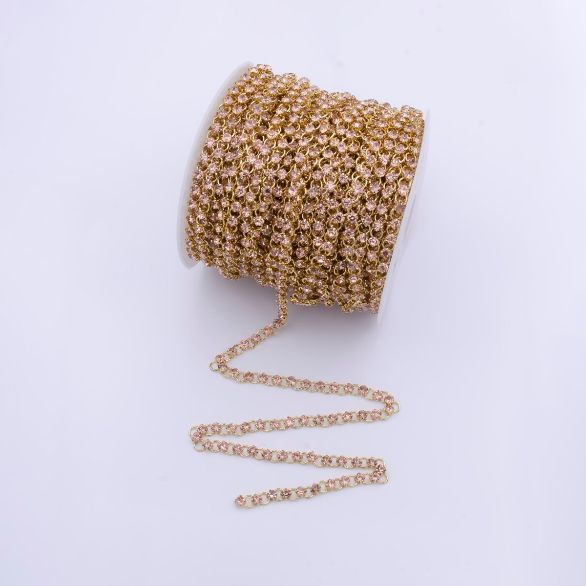 24K Gold Plated 5.2mm Designed Rolo Pink Cubic Zirconia Unfinished Chain For Jewelry Necklace Making | ROLL-864 Clearance Pricing