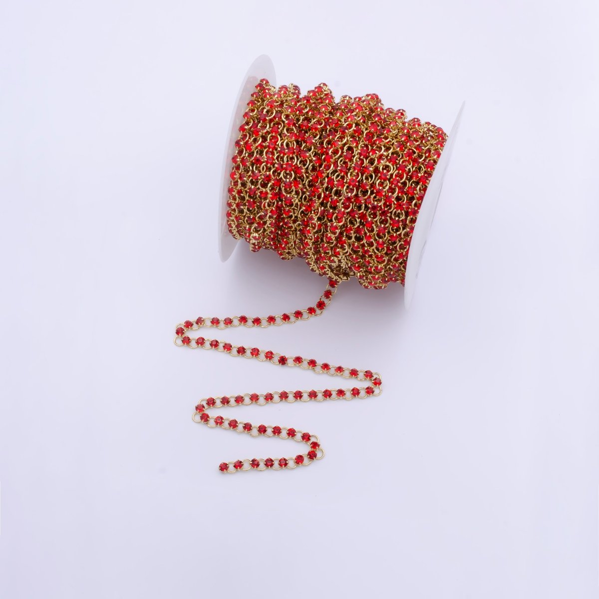 24K Gold Plated 5.2mm Designed Rolo Ruby Red Cubic Zirconia Unfinished Chain For Jewelry Necklace Making | ROLL-866 Clearance Pricing