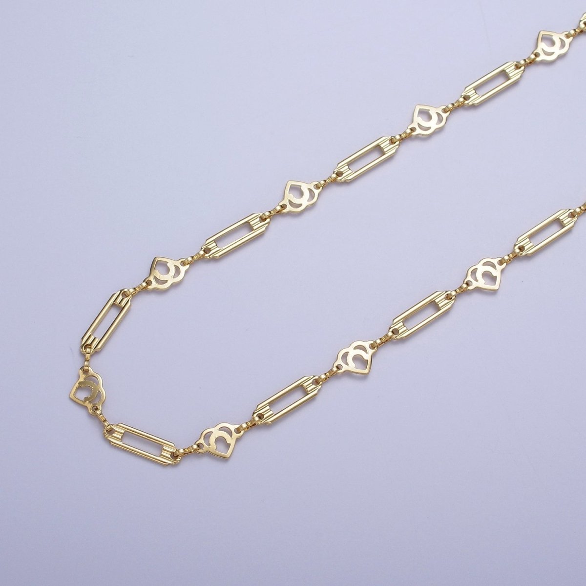 24K Gold Filled 6mm Designed Heart Open Bar Connector Bulk Unfinished Chain by Yard | ROLL-849 Clearance Pricing