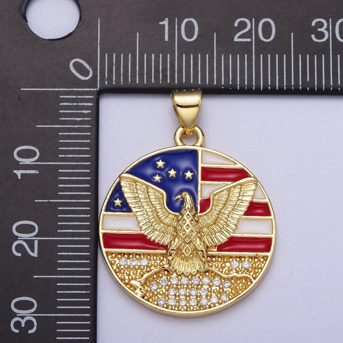 24K Gold Filled American Flag Enamel Flying Eagle Micro Paved Round Pendant  I-273
