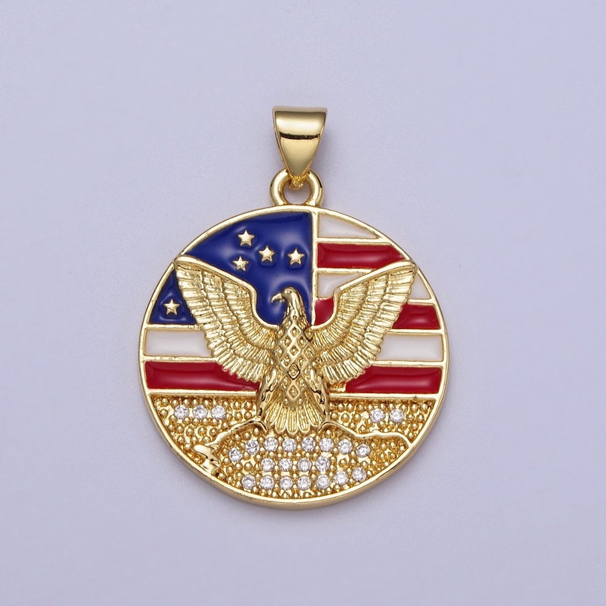 24K Gold Filled American Flag Enamel Flying Eagle Micro Paved Round Pendant  I-273
