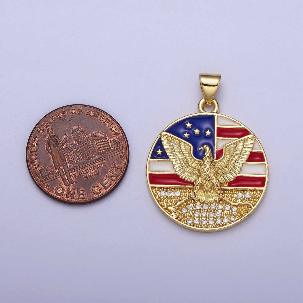 24K Gold Filled American Flag Enamel Flying Eagle Micro Paved Round Pendant  I-273
