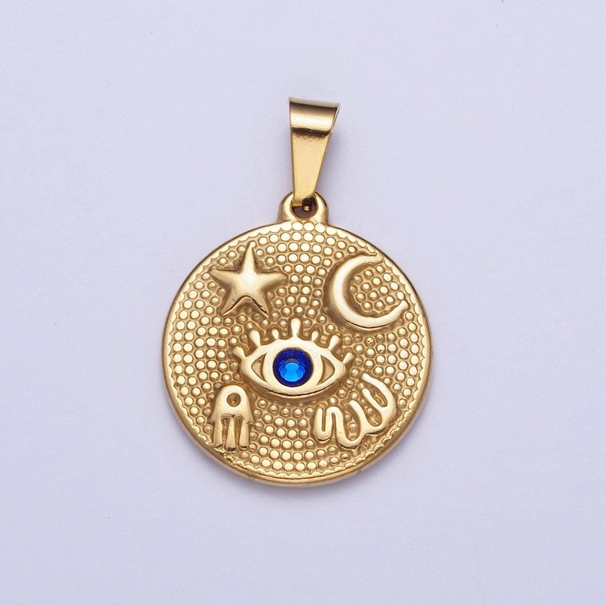 24k Gold Filled Amulet Pendant Lucky Coin with Evil Eye Moon Star Hamsa Hand Charm X-651