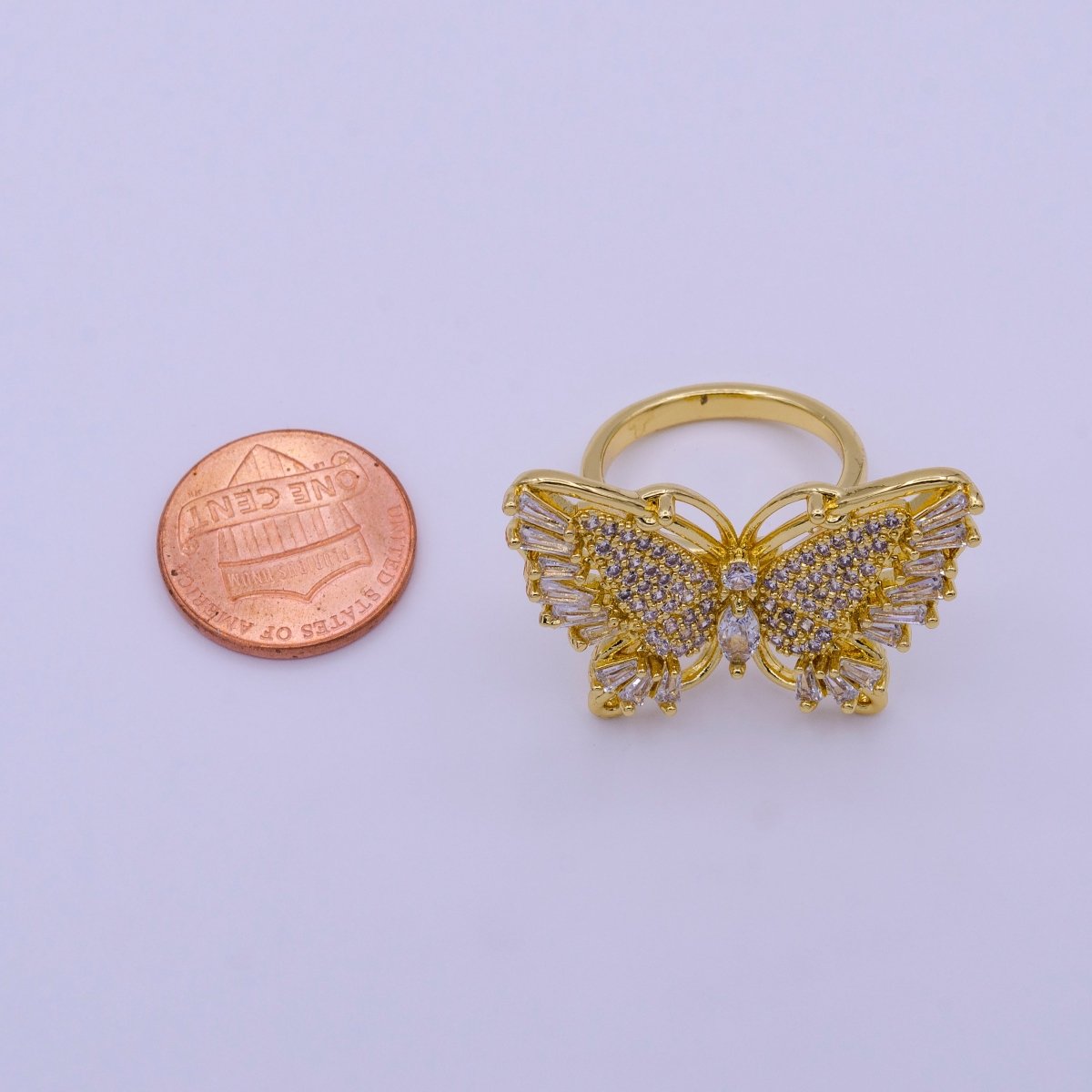 24K Gold Filled Antenna Monarch Butterfly Marquise Baguette Micro Paved Wings Ring | O-004