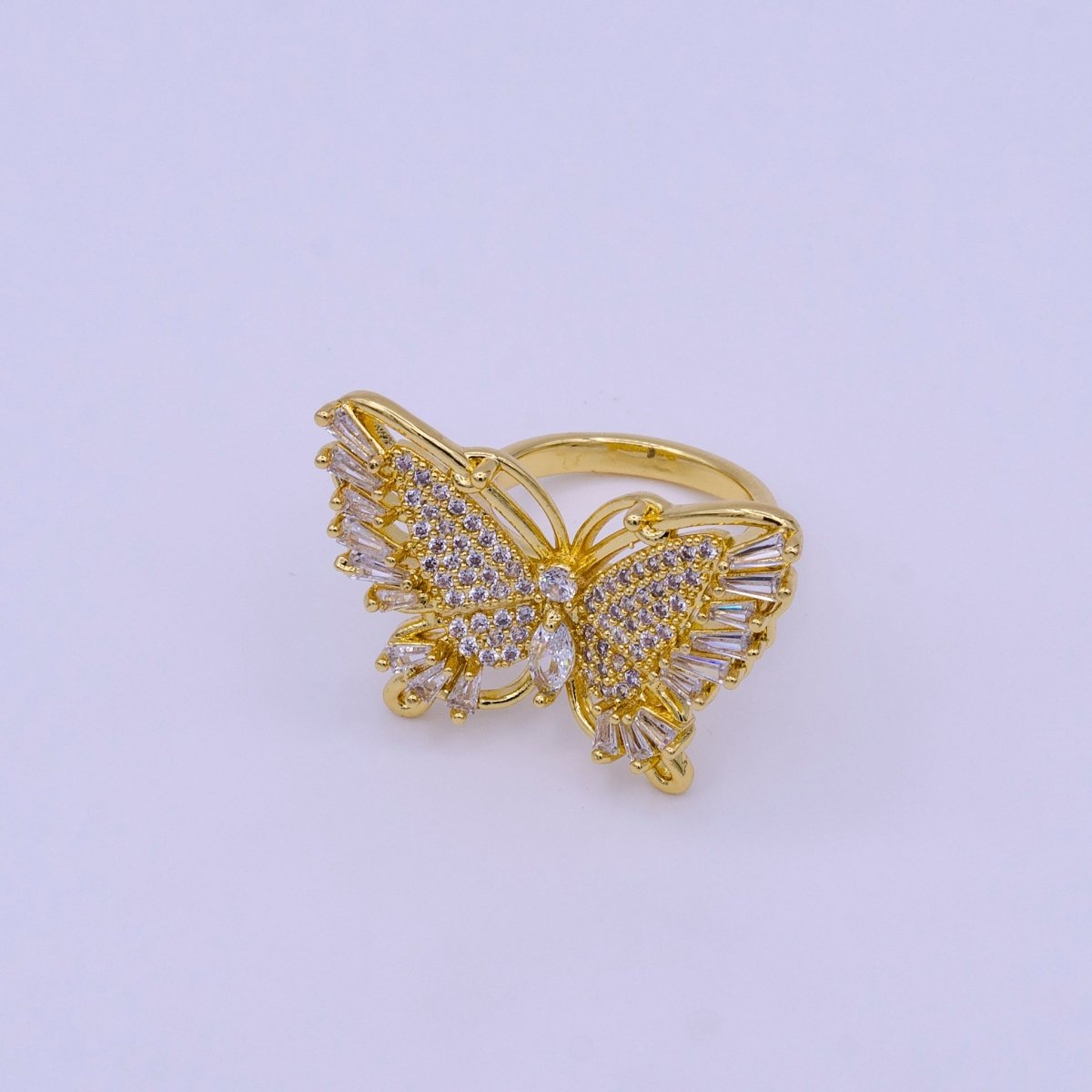 24K Gold Filled Antenna Monarch Butterfly Marquise Baguette Micro Paved Wings Ring | O-004