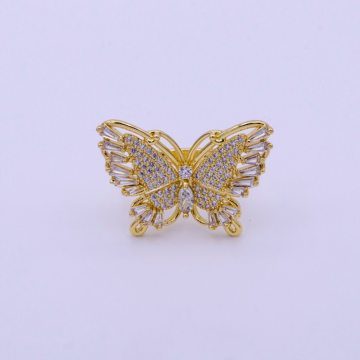 24K Gold Filled Antenna Monarch Butterfly Marquise Baguette Micro Paved Wings Ring | O-004