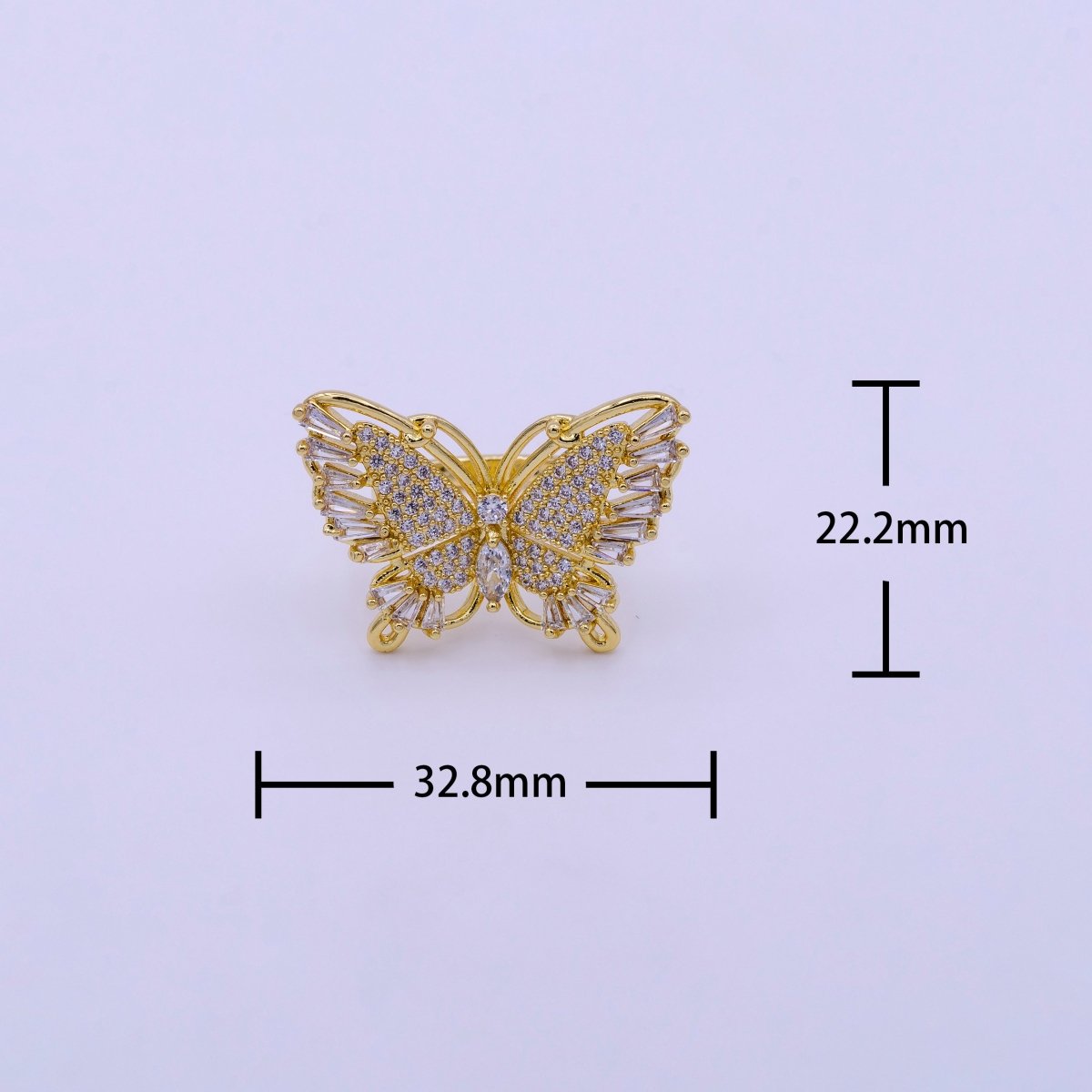 24K Gold Filled Antenna Monarch Butterfly Marquise Baguette Micro Paved Wings Ring | O-004