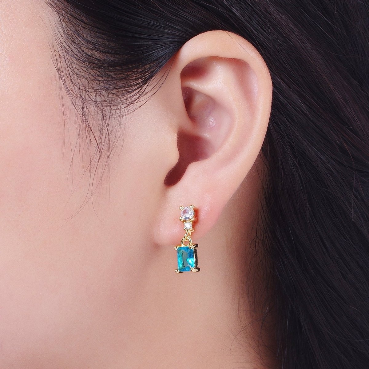 24K Gold Filled Aqua Blue Baguette Cubic Zirconia Dangle Drop Stud Earrings | AD-119