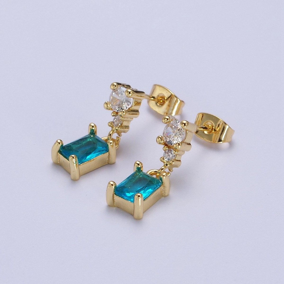 24K Gold Filled Aqua Blue Baguette Cubic Zirconia Dangle Drop Stud Earrings | AD-119