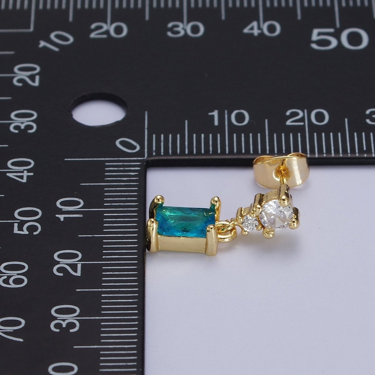 24K Gold Filled Aqua Blue Baguette Cubic Zirconia Dangle Drop Stud Earrings | AD-119