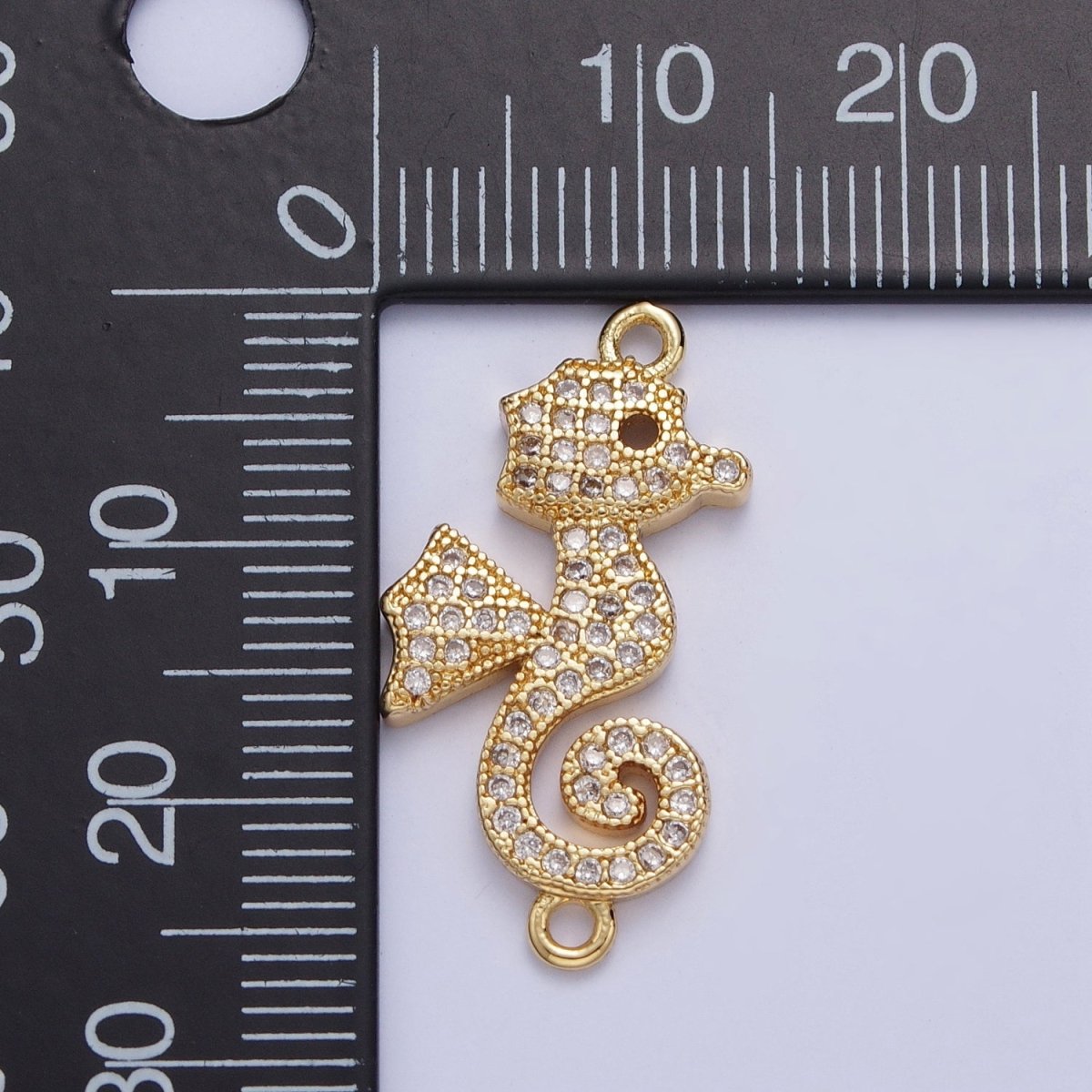 24K Gold Filled Baby Seahorse Ocean Wildlife Connector Charm, Micro Pave Cubic Zirconia Sea Animal Component For Jewelry Making G-883