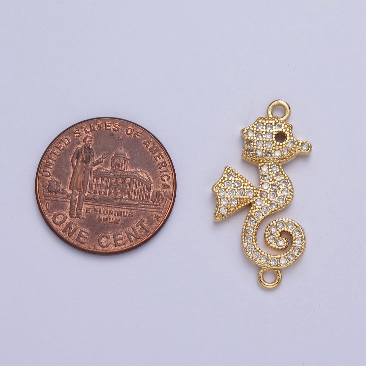 24K Gold Filled Baby Seahorse Ocean Wildlife Connector Charm, Micro Pave Cubic Zirconia Sea Animal Component For Jewelry Making G-883