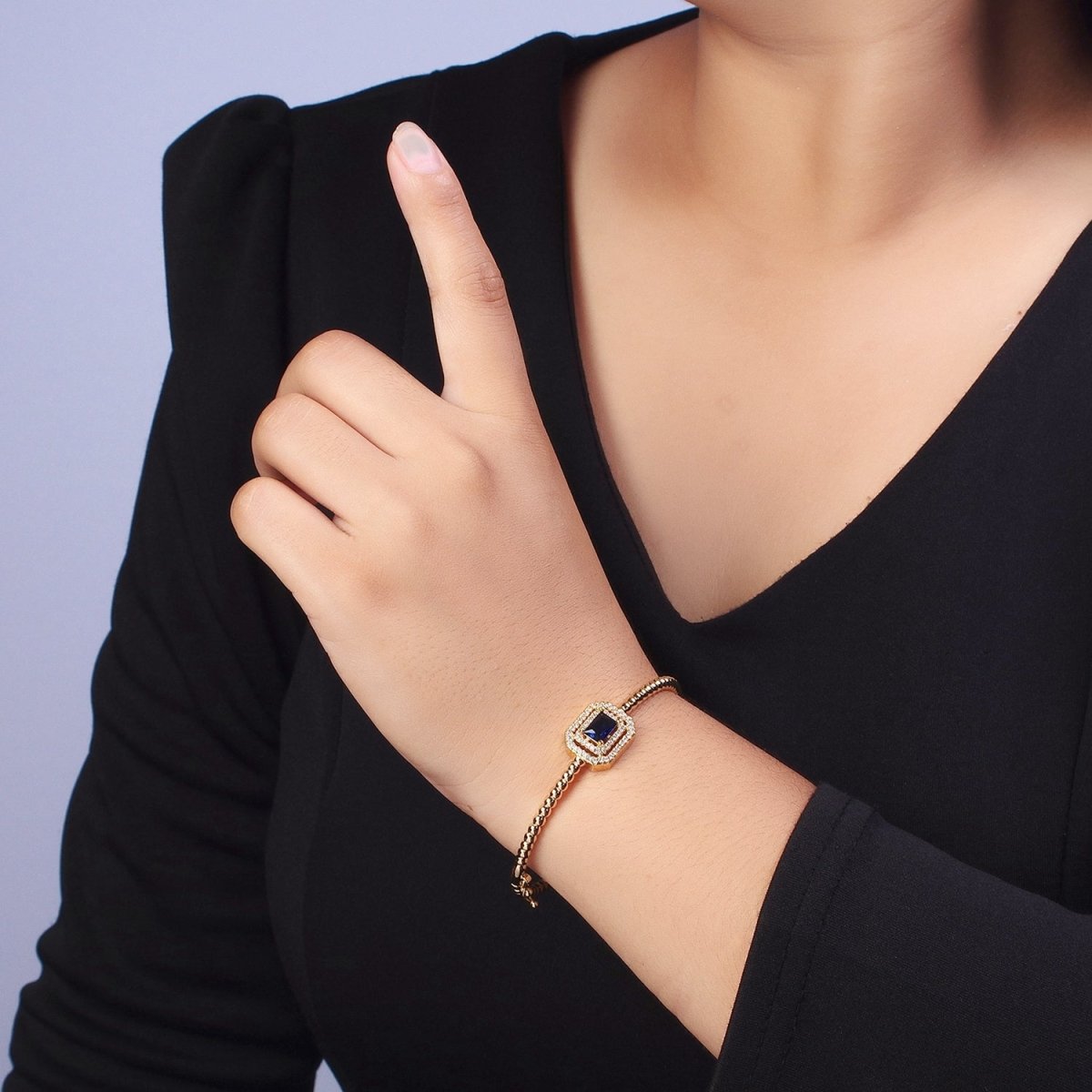 24K Gold Filled Baguette Cubic Zirconia Beaded Bangle Bracelet | WA-1414 - WA-1417 Clearance Pricing