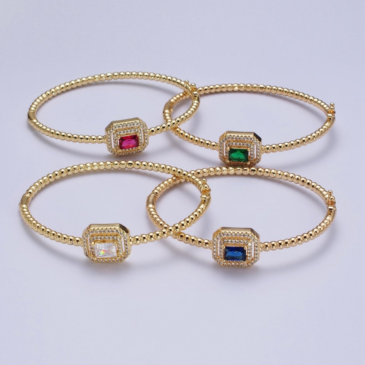 24K Gold Filled Baguette Cubic Zirconia Beaded Bangle Bracelet | WA-1414 - WA-1417 Clearance Pricing