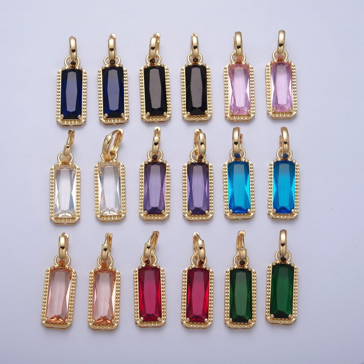 24K Gold Filled Baguette Huggie Hoop, Multicolor CZ Gold Beaded Cocktail Party Earrings V-410-V-418