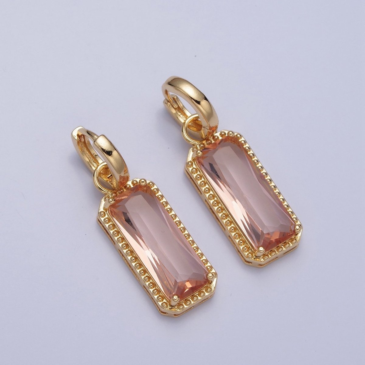 24K Gold Filled Baguette Huggie Hoop, Multicolor CZ Gold Beaded Cocktail Party Earrings V-410-V-418