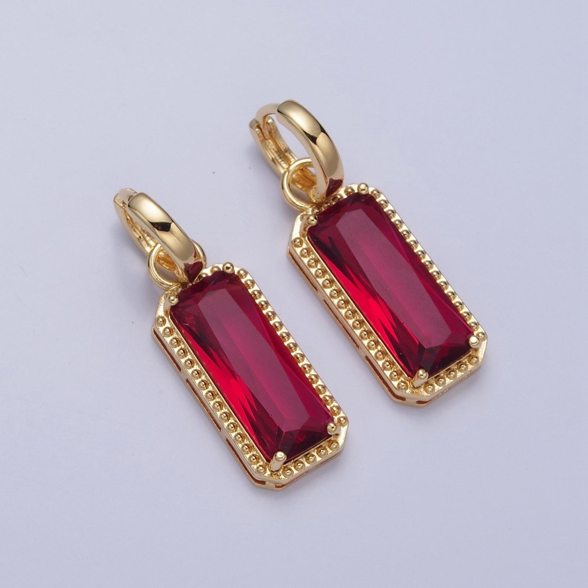 24K Gold Filled Baguette Huggie Hoop, Multicolor CZ Gold Beaded Cocktail Party Earrings V-410-V-418