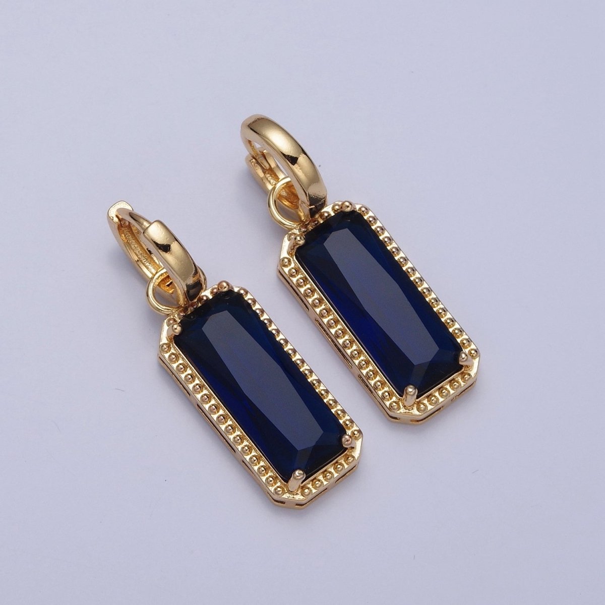 24K Gold Filled Baguette Huggie Hoop, Multicolor CZ Gold Beaded Cocktail Party Earrings V-410-V-418