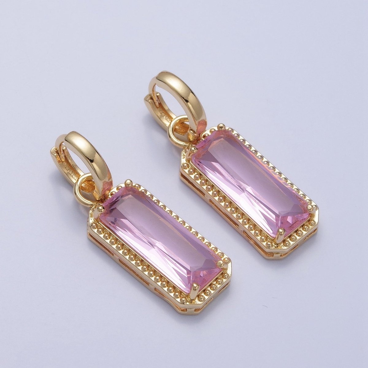 24K Gold Filled Baguette Huggie Hoop, Multicolor CZ Gold Beaded Cocktail Party Earrings V-410-V-418