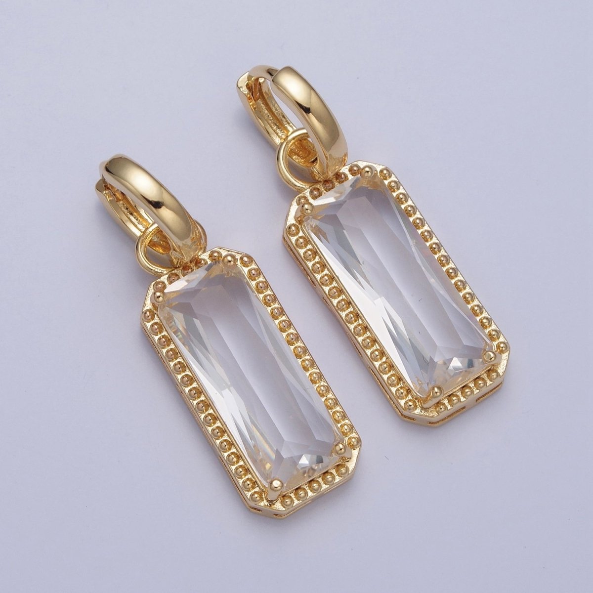 24K Gold Filled Baguette Huggie Hoop, Multicolor CZ Gold Beaded Cocktail Party Earrings V-410-V-418
