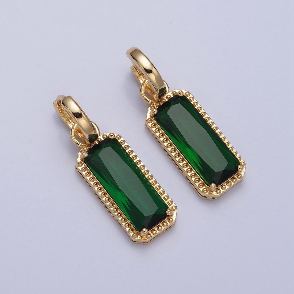 24K Gold Filled Baguette Huggie Hoop, Multicolor CZ Gold Beaded Cocktail Party Earrings V-410-V-418