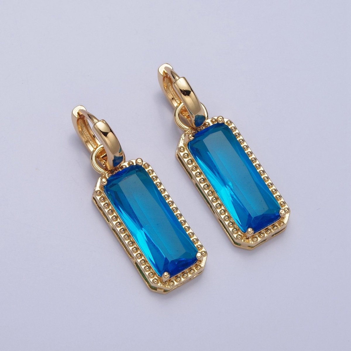 24K Gold Filled Baguette Huggie Hoop, Multicolor CZ Gold Beaded Cocktail Party Earrings V-410-V-418