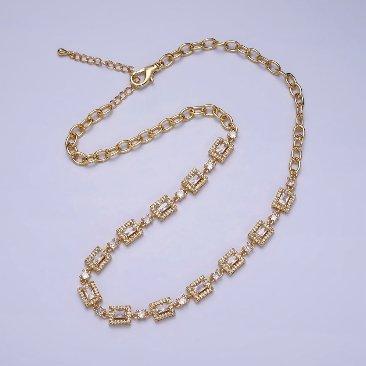 24k Gold Filled Baguette Micro Paved Round CZ Cable Link 17 Inch Chain Necklace in Silver & Gold | WA-1610 WA-1615 Clearance Pricing