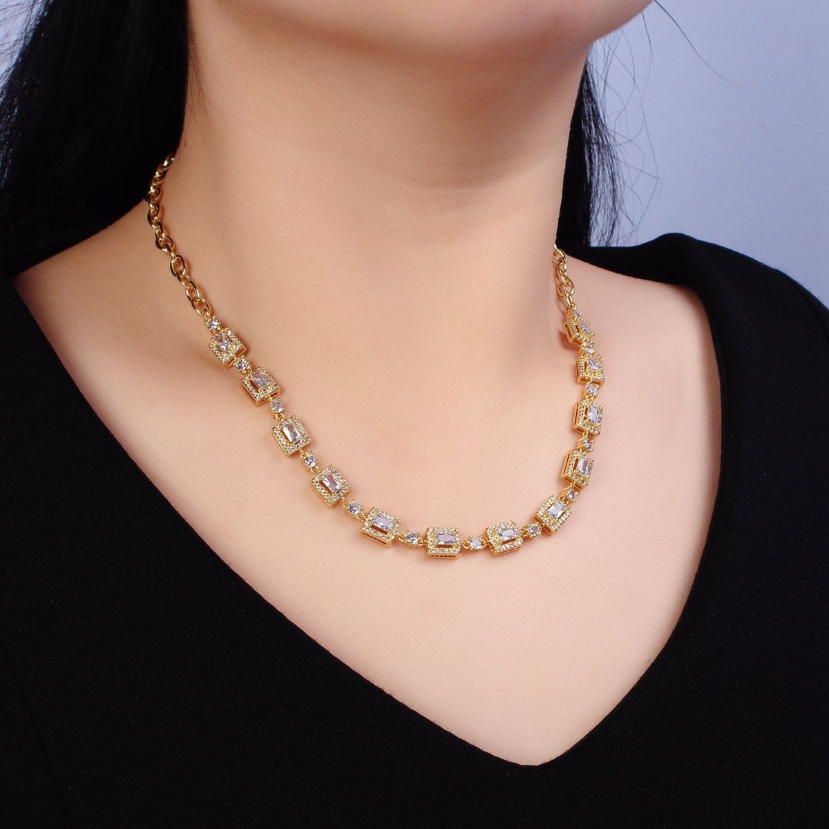 24k Gold Filled Baguette Micro Paved Round CZ Cable Link 17 Inch Chain Necklace in Silver & Gold | WA-1610 WA-1615 Clearance Pricing
