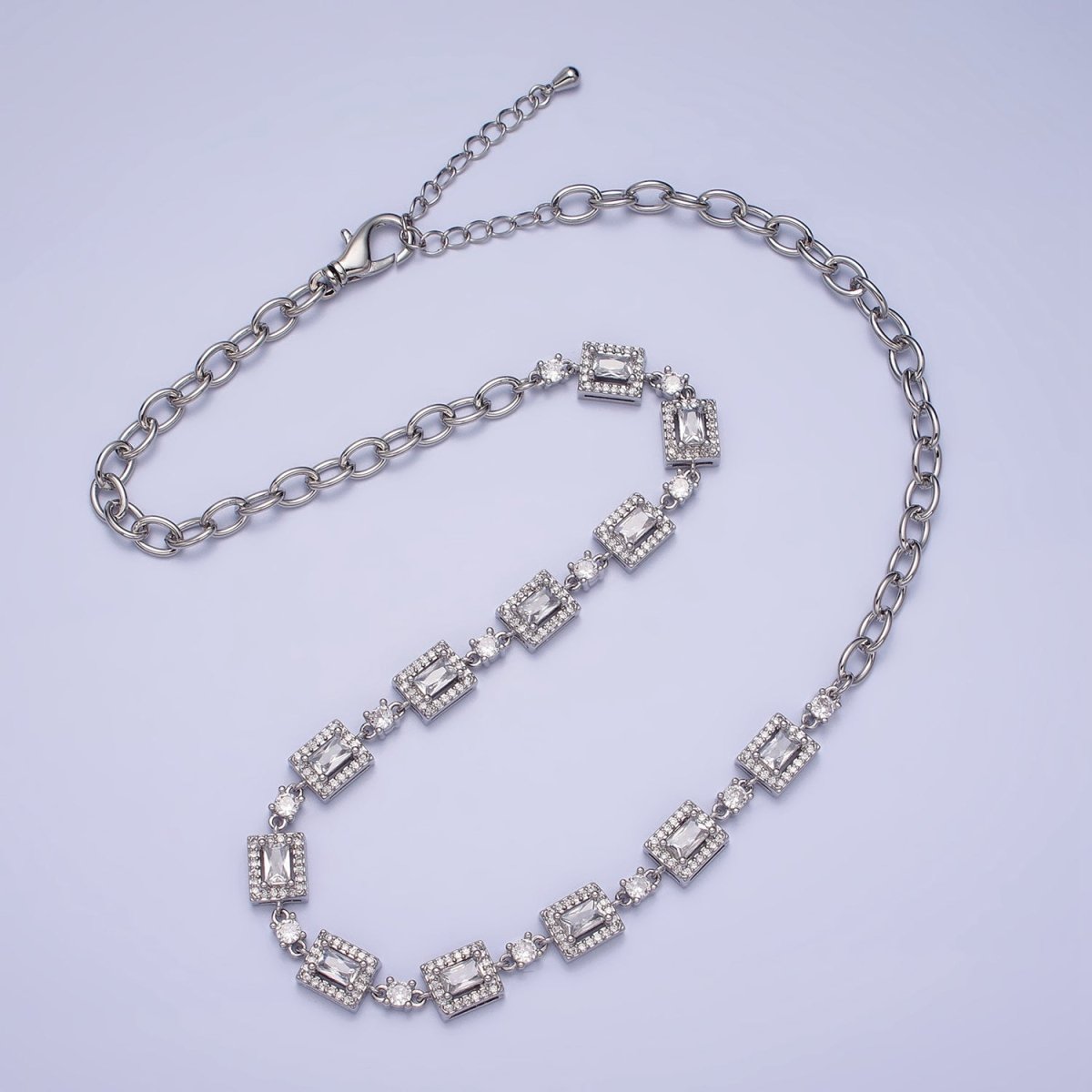 24k Gold Filled Baguette Micro Paved Round CZ Cable Link 17 Inch Chain Necklace in Silver & Gold | WA-1610 WA-1615 Clearance Pricing
