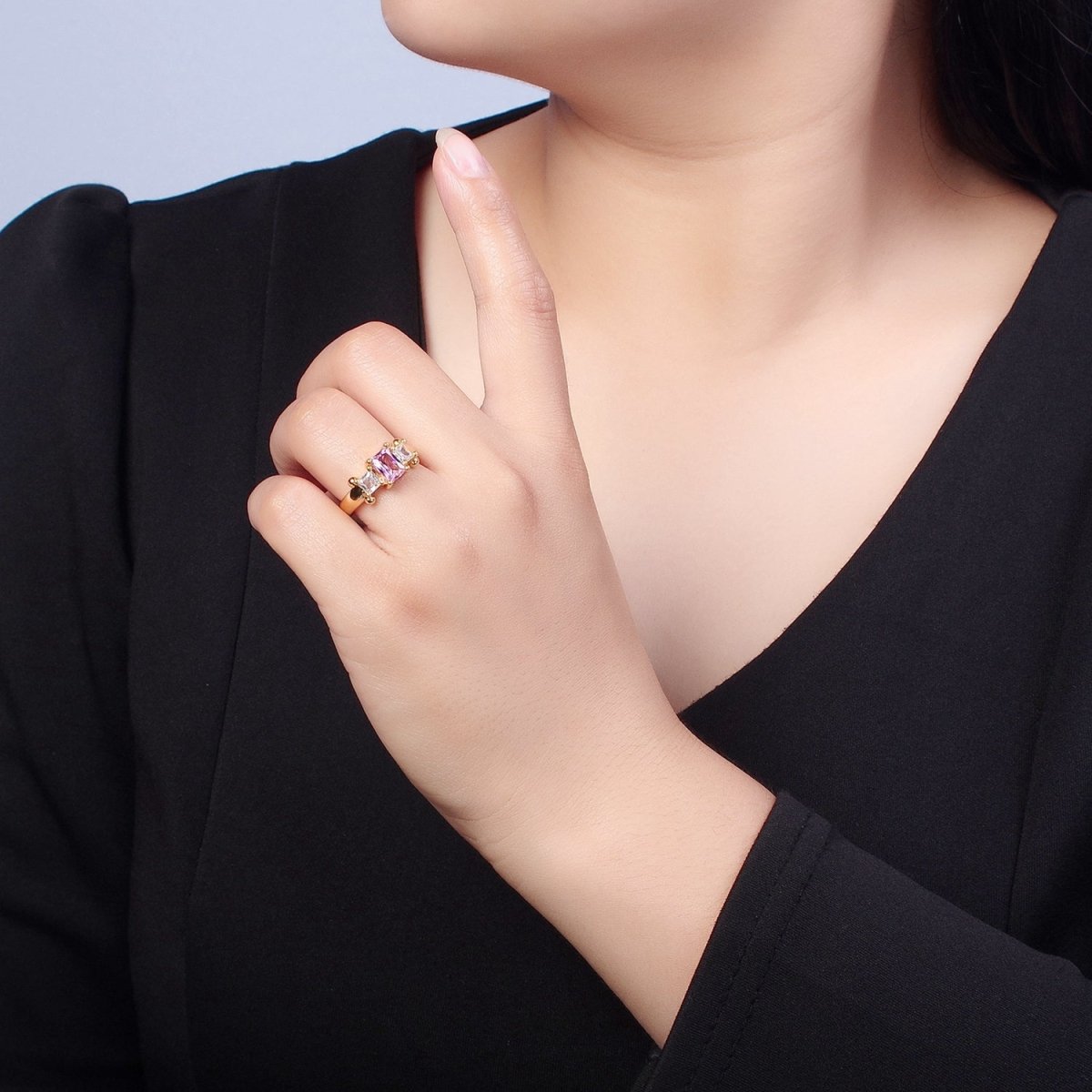 24K Gold Filled Baguette Square Cubic Zirconia CZ Promise Ring O-2272 O-2273 O-2274 O-2275