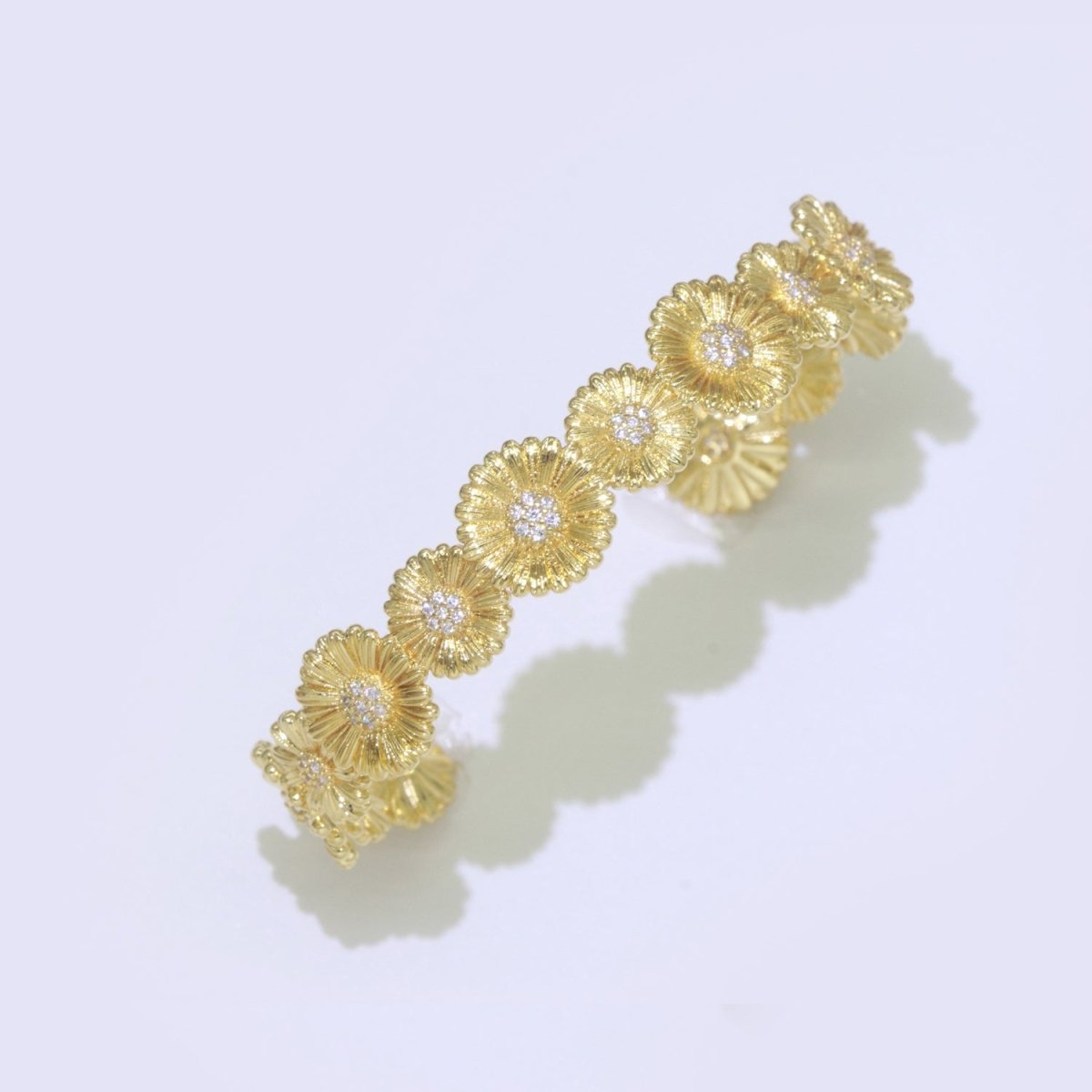 24K Gold Filled Bangle Bracelet Micro Pave Open Adjustable Sun Flower Bracelet Wholesale Stacking Bracelet Fashion Jewelry | WA-043 Clearance Pricing