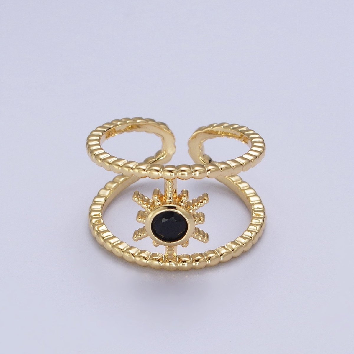 24K Gold Filled Beaded Double Band Round CZ Cubic Zirconia Celestial Star Adjustable Ring | O-072~O-077