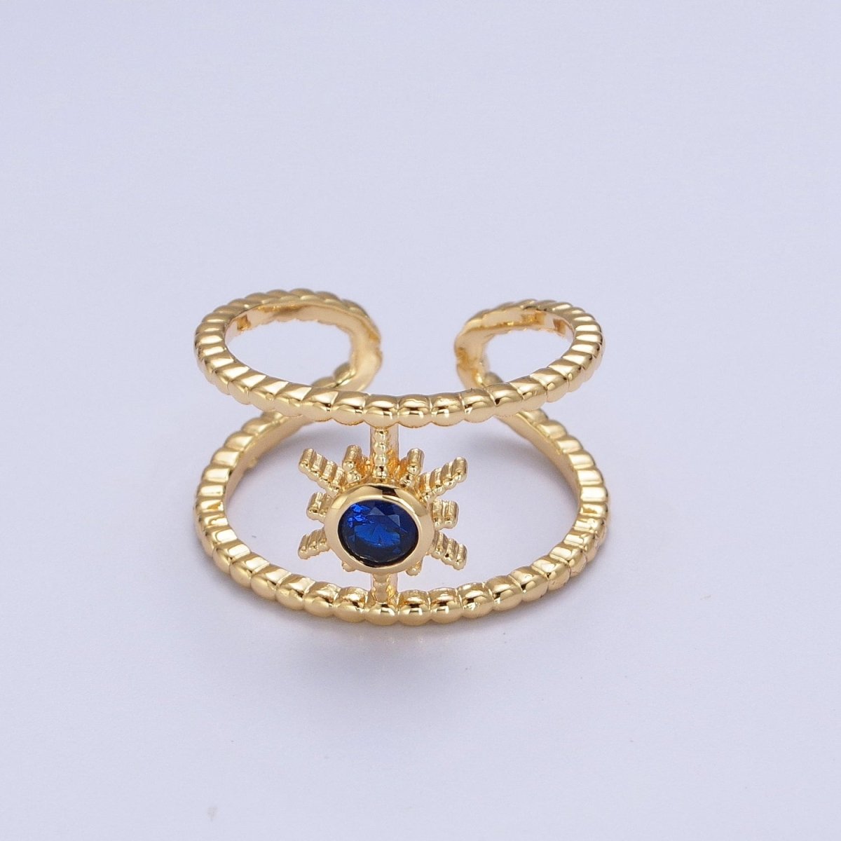 24K Gold Filled Beaded Double Band Round CZ Cubic Zirconia Celestial Star Adjustable Ring | O-072~O-077