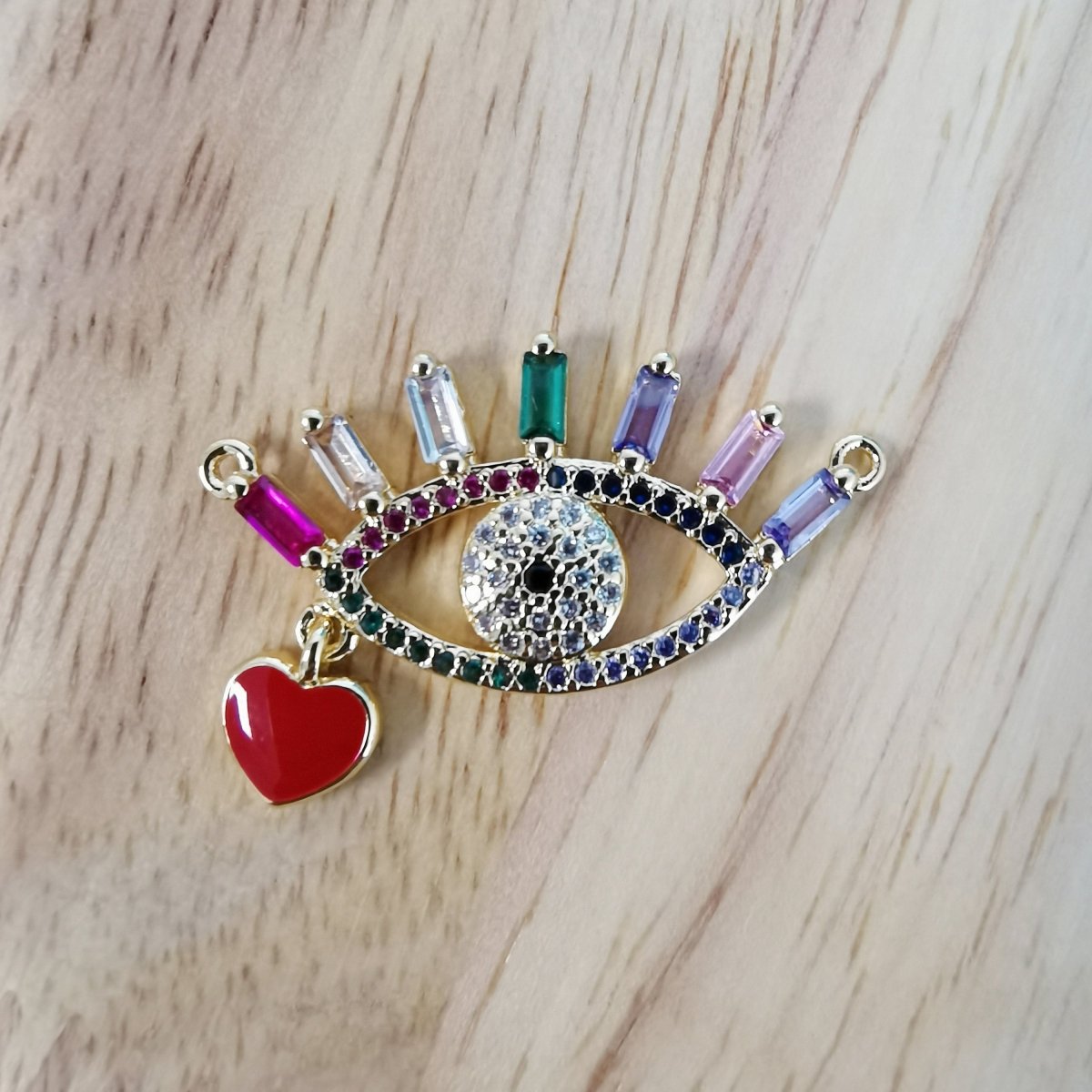 24K Gold Filled Beautiful Rainbow Evil Eye Connector Micro Pave CZ DIY Red Heart Enamel Love Charm Necklace Bracelet Findings F-421