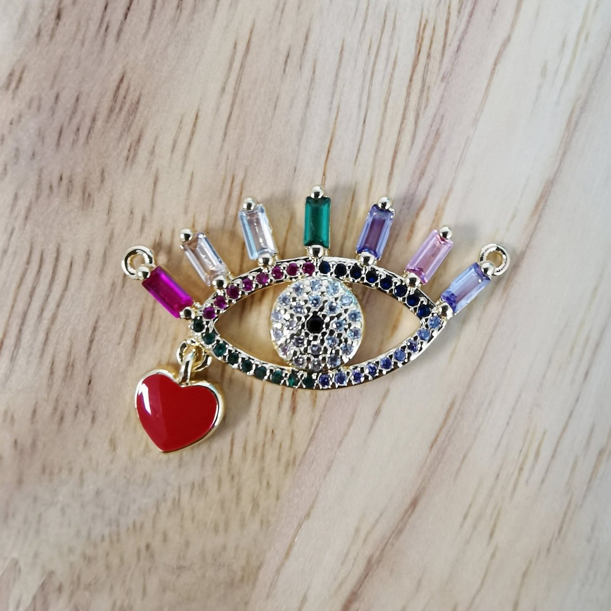 24K Gold Filled Beautiful Rainbow Evil Eye Connector Micro Pave CZ DIY Red Heart Enamel Love Charm Necklace Bracelet Findings F-421