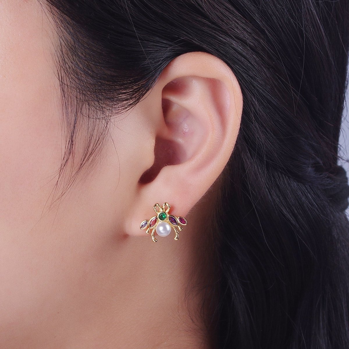 24K Gold Filled Bee Insect Multicolor CZ Marquise Round White Pearl Stud Earrings | AD-230