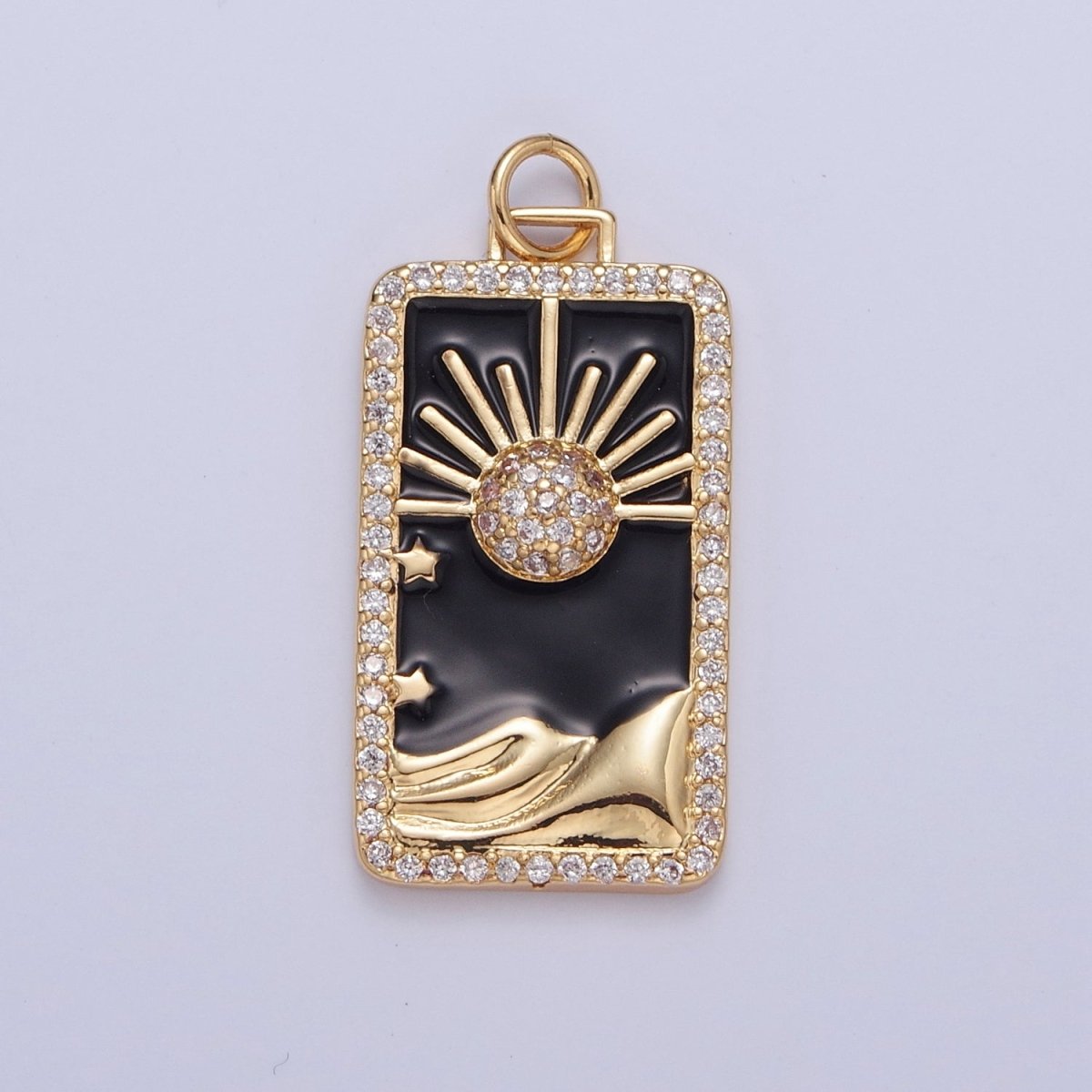 24K Gold Filled Black Enamel Tarot Card Charm, Micro Pave Celestial Eclipse Mountain Tag Charm Pendant | X-807