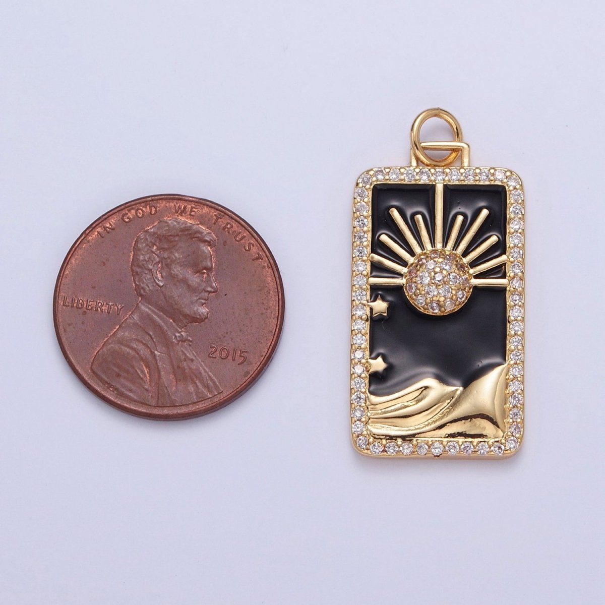 24K Gold Filled Black Enamel Tarot Card Charm, Micro Pave Celestial Eclipse Mountain Tag Charm Pendant | X-807