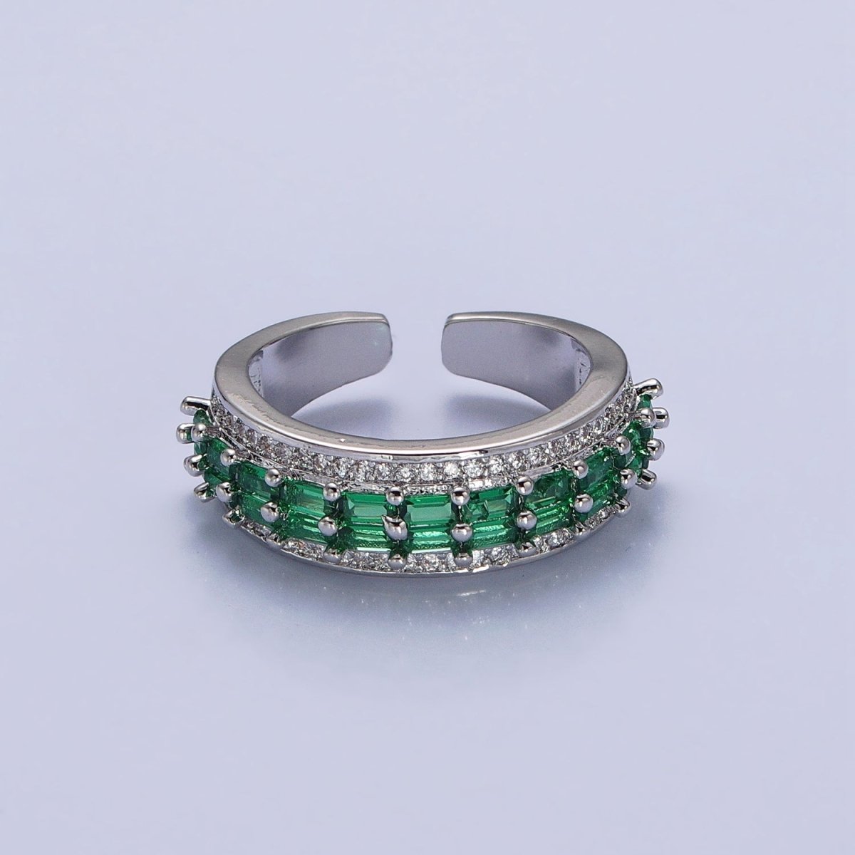 24K Gold Filled Black, Pink, Blue, Clear, Green, Fuchsia, Multicolor Baguette Micro Paved CZ Lined Ring in Gold & Silver | O-1821~O-1834