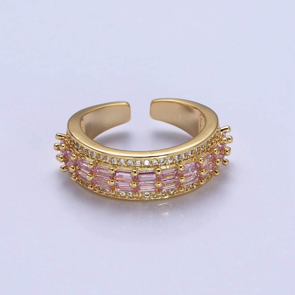 24K Gold Filled Black, Pink, Blue, Clear, Green, Fuchsia, Multicolor Baguette Micro Paved CZ Lined Ring in Gold & Silver | O-1821~O-1834