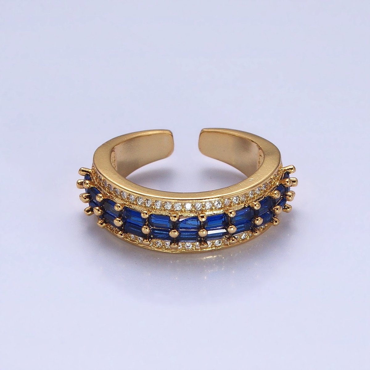 24K Gold Filled Black, Pink, Blue, Clear, Green, Fuchsia, Multicolor Baguette Micro Paved CZ Lined Ring in Gold & Silver | O-1821~O-1834