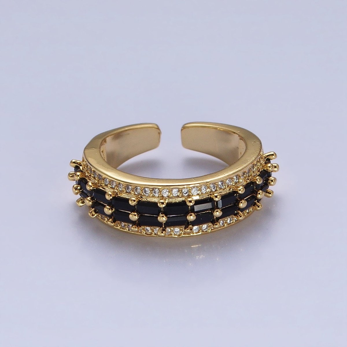 24K Gold Filled Black, Pink, Blue, Clear, Green, Fuchsia, Multicolor Baguette Micro Paved CZ Lined Ring in Gold & Silver | O-1821~O-1834