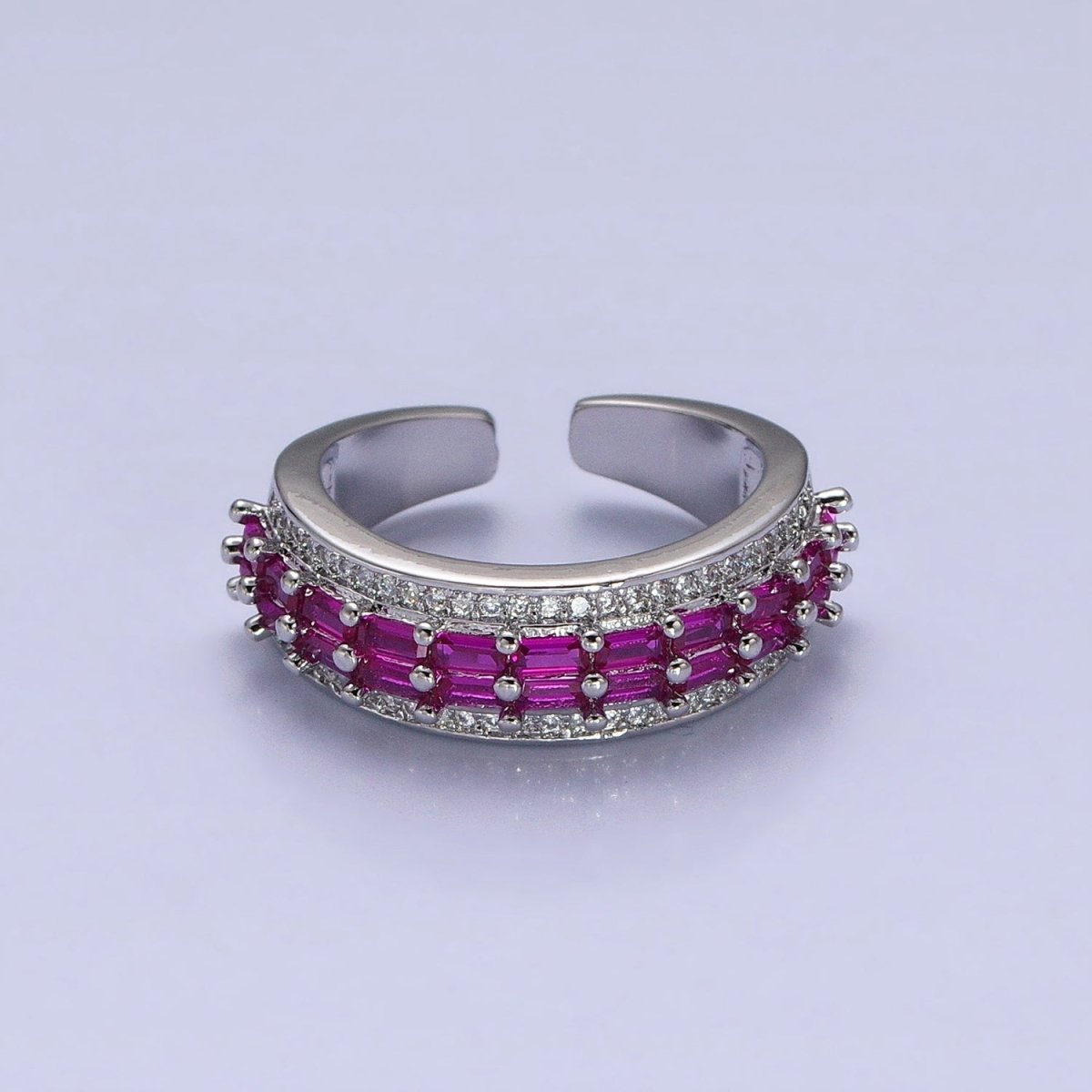 24K Gold Filled Black, Pink, Blue, Clear, Green, Fuchsia, Multicolor Baguette Micro Paved CZ Lined Ring in Gold & Silver | O-1821~O-1834