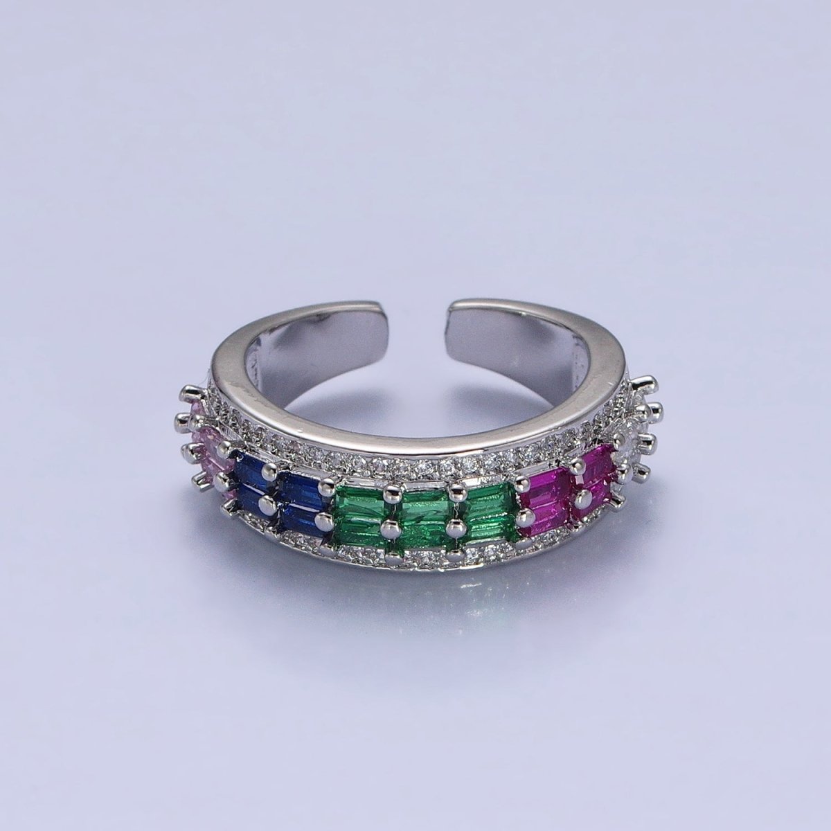 24K Gold Filled Black, Pink, Blue, Clear, Green, Fuchsia, Multicolor Baguette Micro Paved CZ Lined Ring in Gold & Silver | O-1821~O-1834
