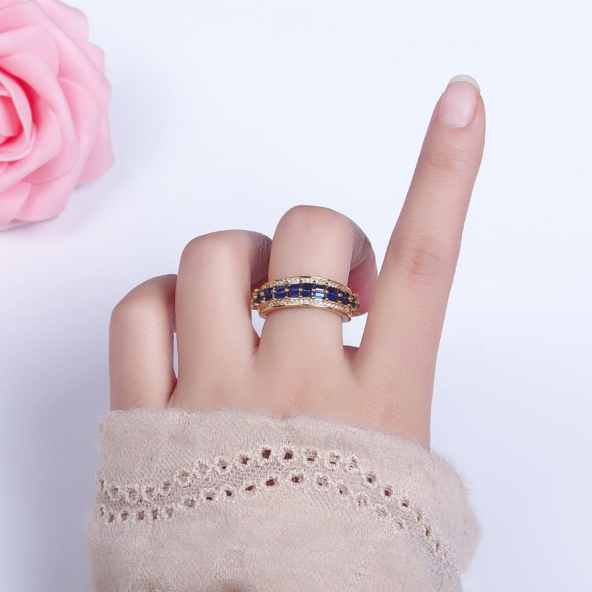 24K Gold Filled Black, Pink, Blue, Clear, Green, Fuchsia, Multicolor Baguette Micro Paved CZ Lined Ring in Gold & Silver | O-1821~O-1834