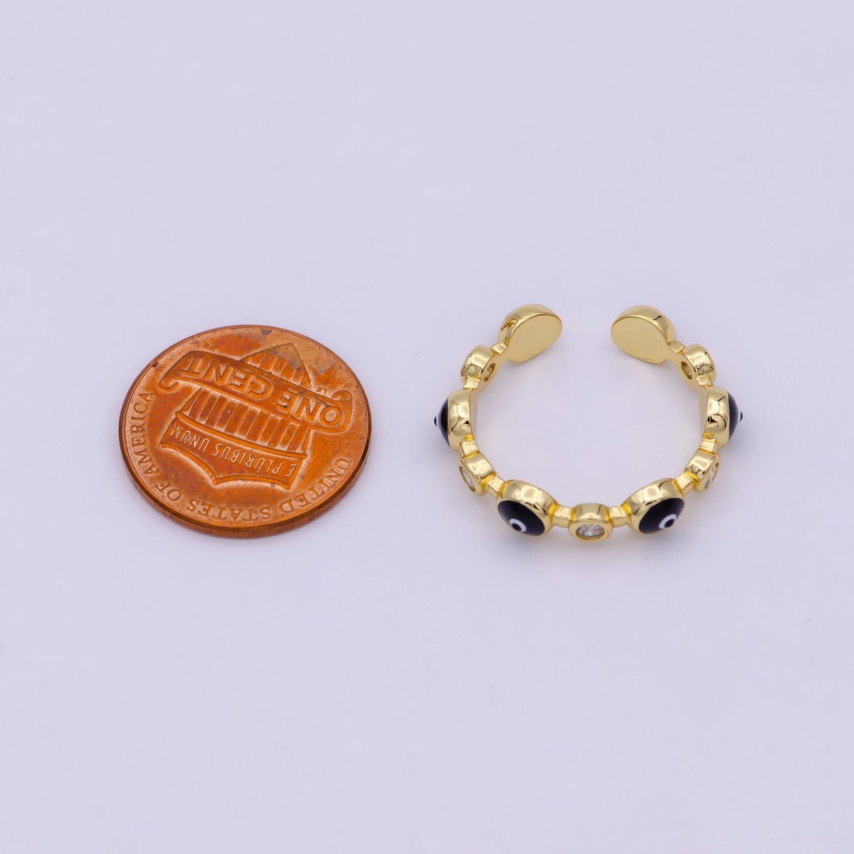 24K Gold Filled Black White Navy Blue Enamel Evil Eye Crystal Zirconia CZ Adjustable Ring | U-398